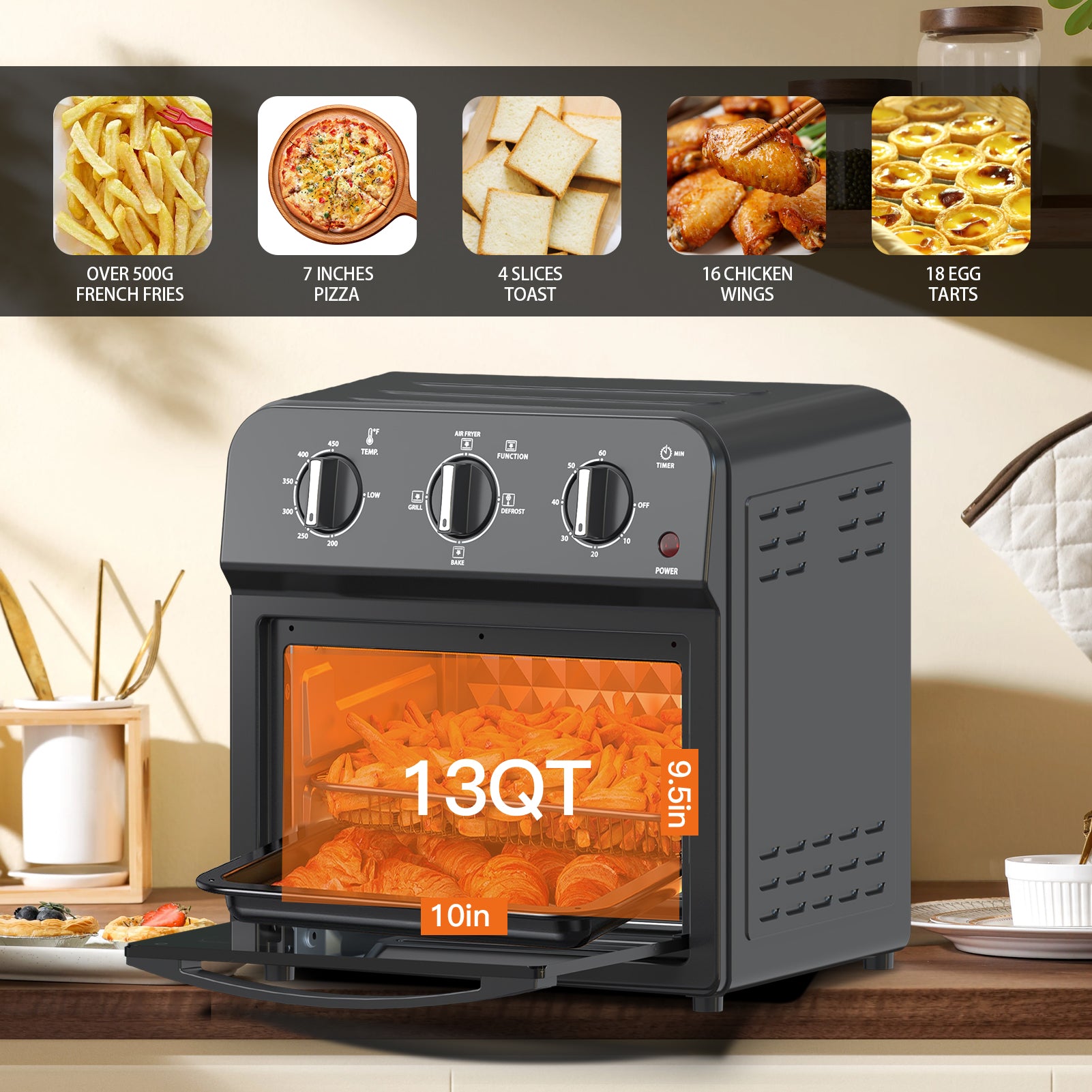 Family Size Air Fryer Toaster Oven Combo,13QT,Hot Air Circulation For Healthy Oil-Free Cooking, Multifunctional Convection Contertop Oven, Adjustable Time & Temp Control, Amazon Resale Prohibited