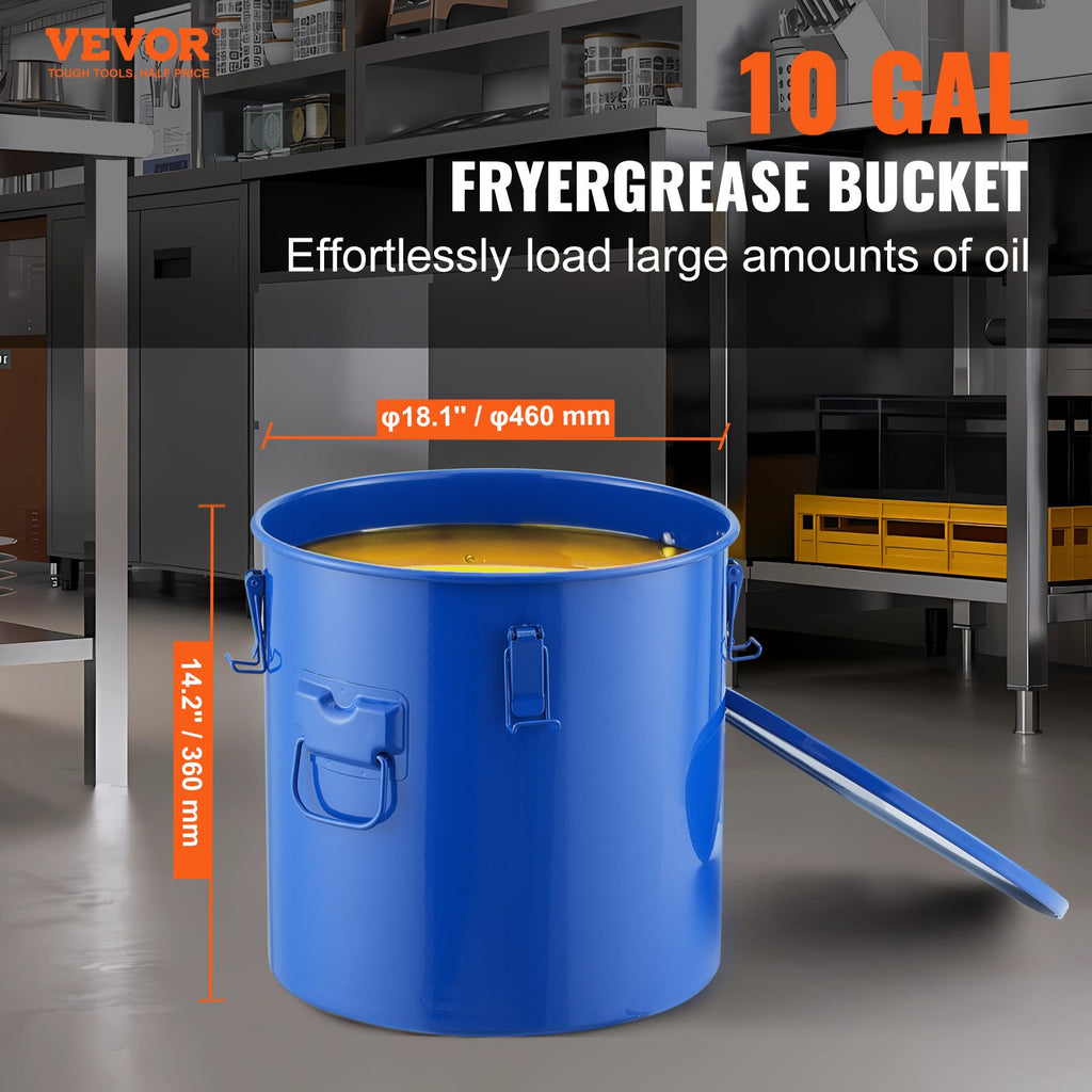 Fryer Grease Bucket, 10 Gal Oil Disposal Caddy Carbon Steel Fryer Oil Bucket With Rust-Proof Coating, Oil Transport Container With Lid, Lock Clips, Filter Bag For Hot Cooking Oil Filtering, Blue
