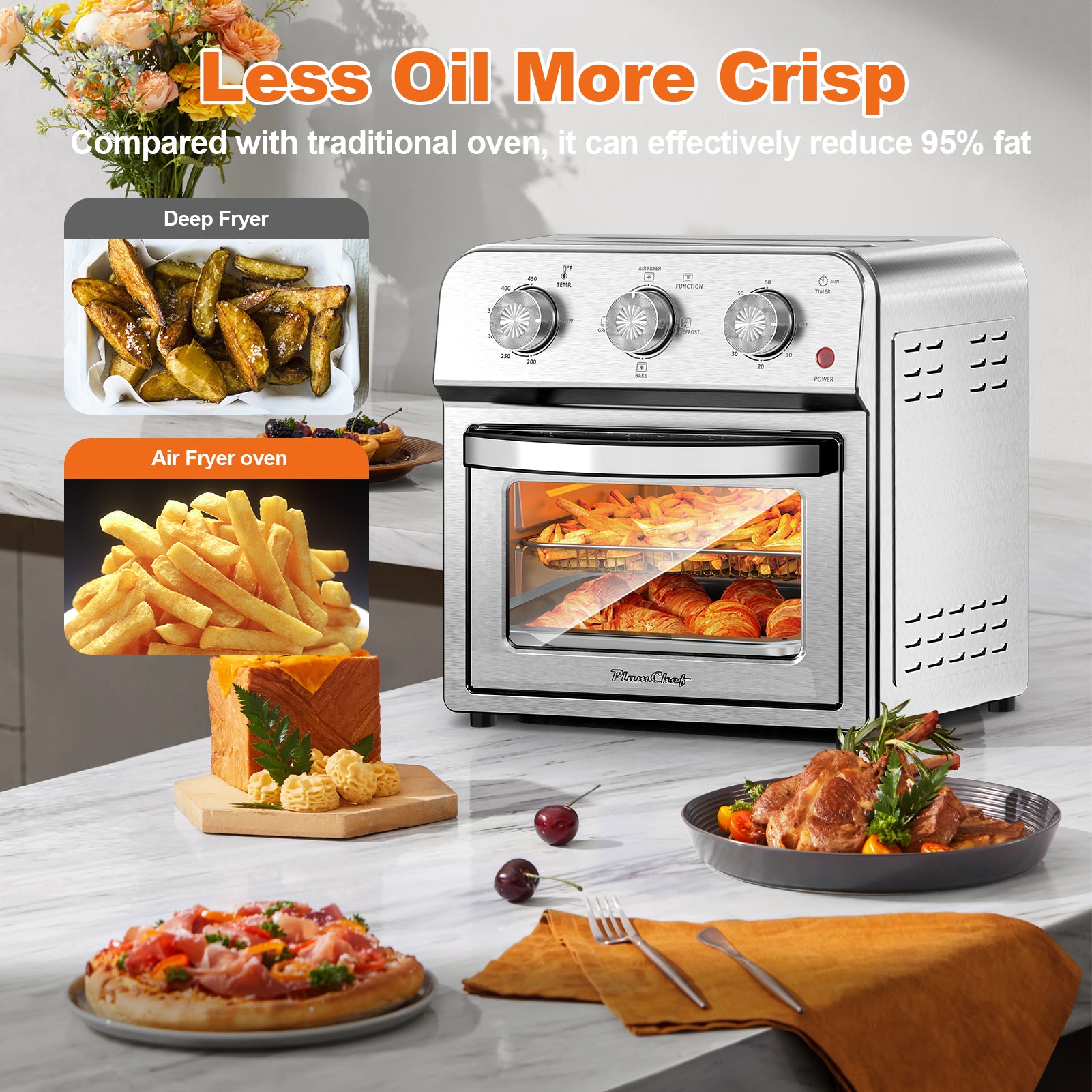 13QT Air Fryer Toaster Oven, Healthy Oil-Free Cooking, Multifunctional Convection Contertop Oven, Adjustable Time, Temp Control, Stainless Steel, Amazon Resale Prohibited