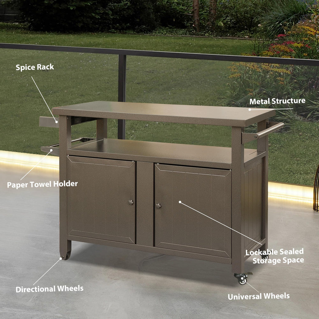 Grill Carts Outdoor Storage Cabinet With Wheels, Metal Outdoor Grill Table Kitchen Dining Table Cooking Prep BBQ Table For Patio, Kitchen Island, Home Party, Bar  Brown
