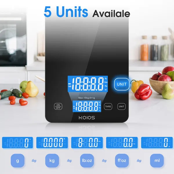 KOIOS Food Scale, 33lb/15kg Digital Kitchen Scale Grams And Ounces For Cooking Baking, 1g/0.1oz Precise Graduation, Type-C Charging, Tare Function, AAA Battery Included(Black)