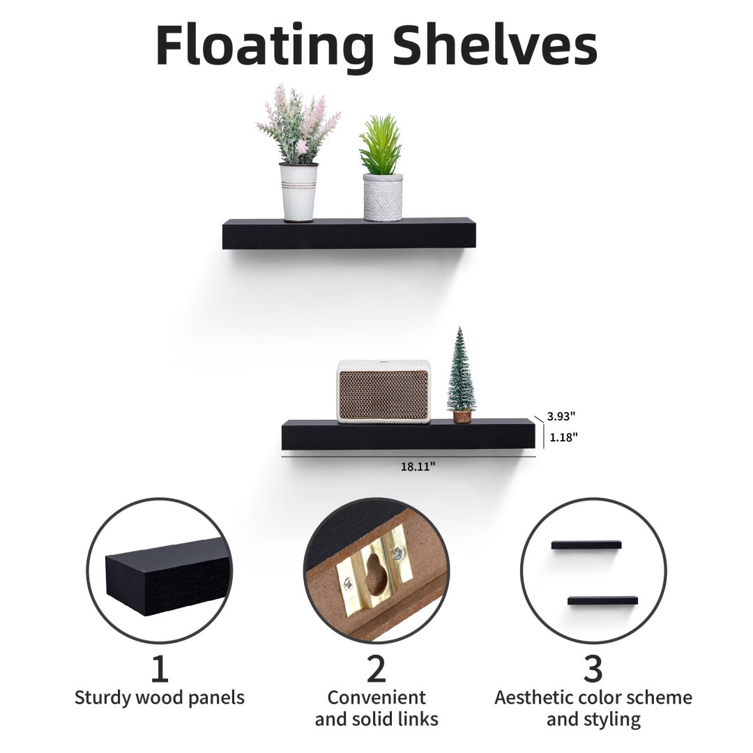 Floating Shelves  15.75 Wall Mounted Wood Shelves For Bathroom, Bedroom, Living Room, Kitchen, Hanging Shelf For Books Storage Decor With Invisible Brackets, Built-in LED Lighting, Black