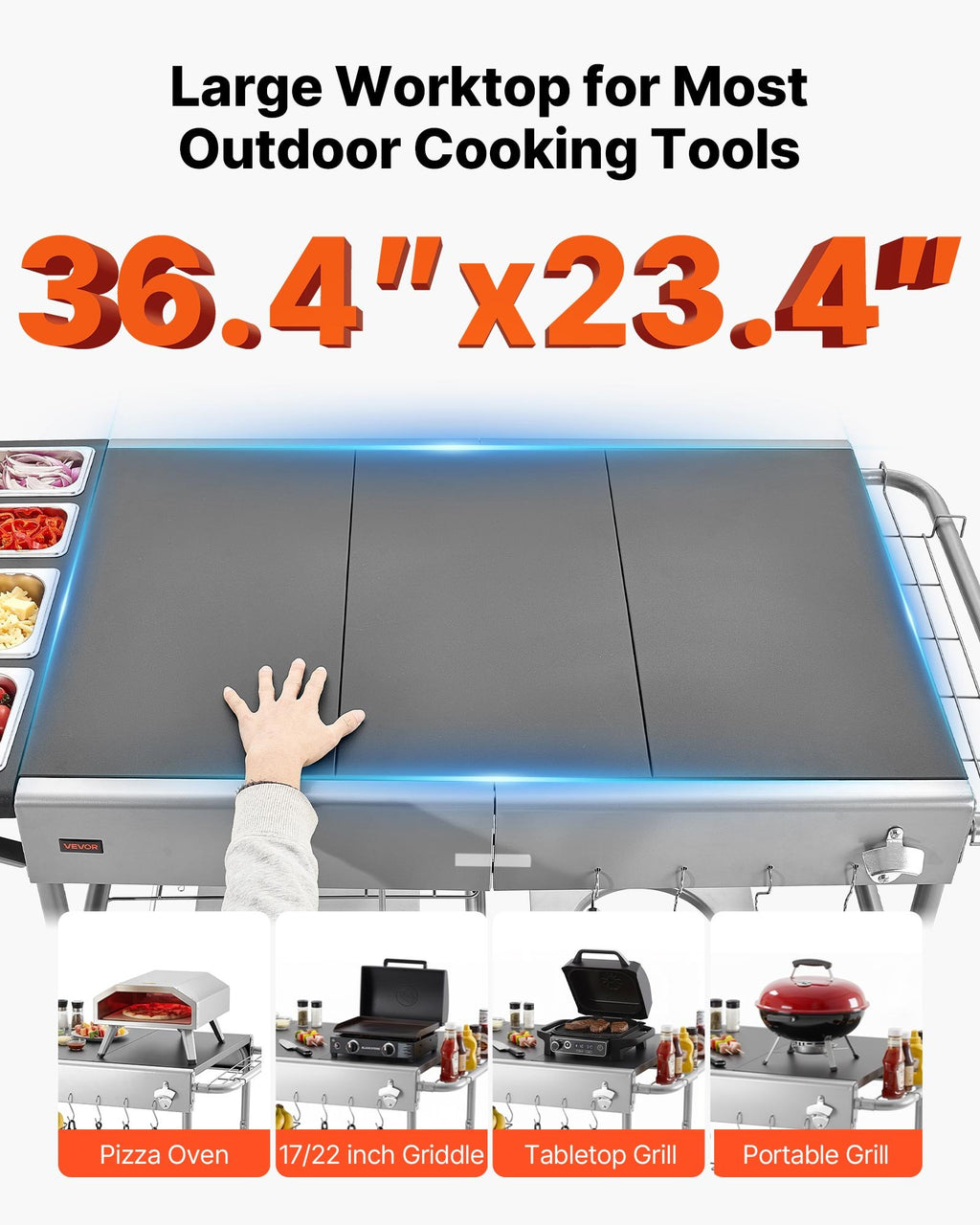 Outdoor Grill Cart, 36.4 X 23.4 X 1 Inch Tabletop Size Grilling Table, Movable Outdoor Cooking Table With 4 Spice Containers, Wheels, Lids, Hooks, BBQ Prep Tables For Picnic, Kitchen, Courtyard