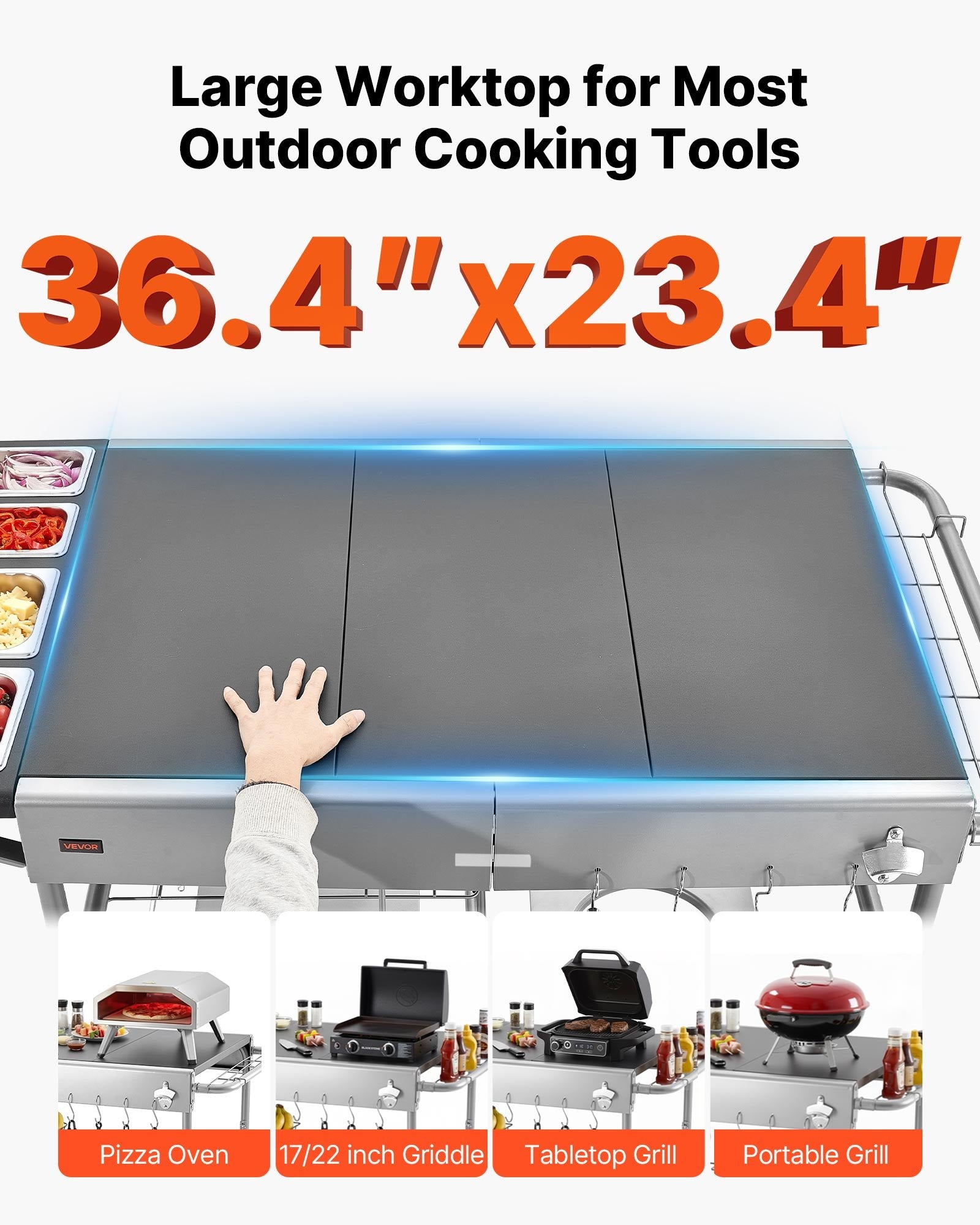 Outdoor Grill Cart, 36.4 X 23.4 X 1 Inch Tabletop Size Grilling Table, Movable Outdoor Cooking Table With 4 Spice Containers, Wheels, Lids, Hooks, BBQ Prep Tables For Picnic, Kitchen, Courtyard