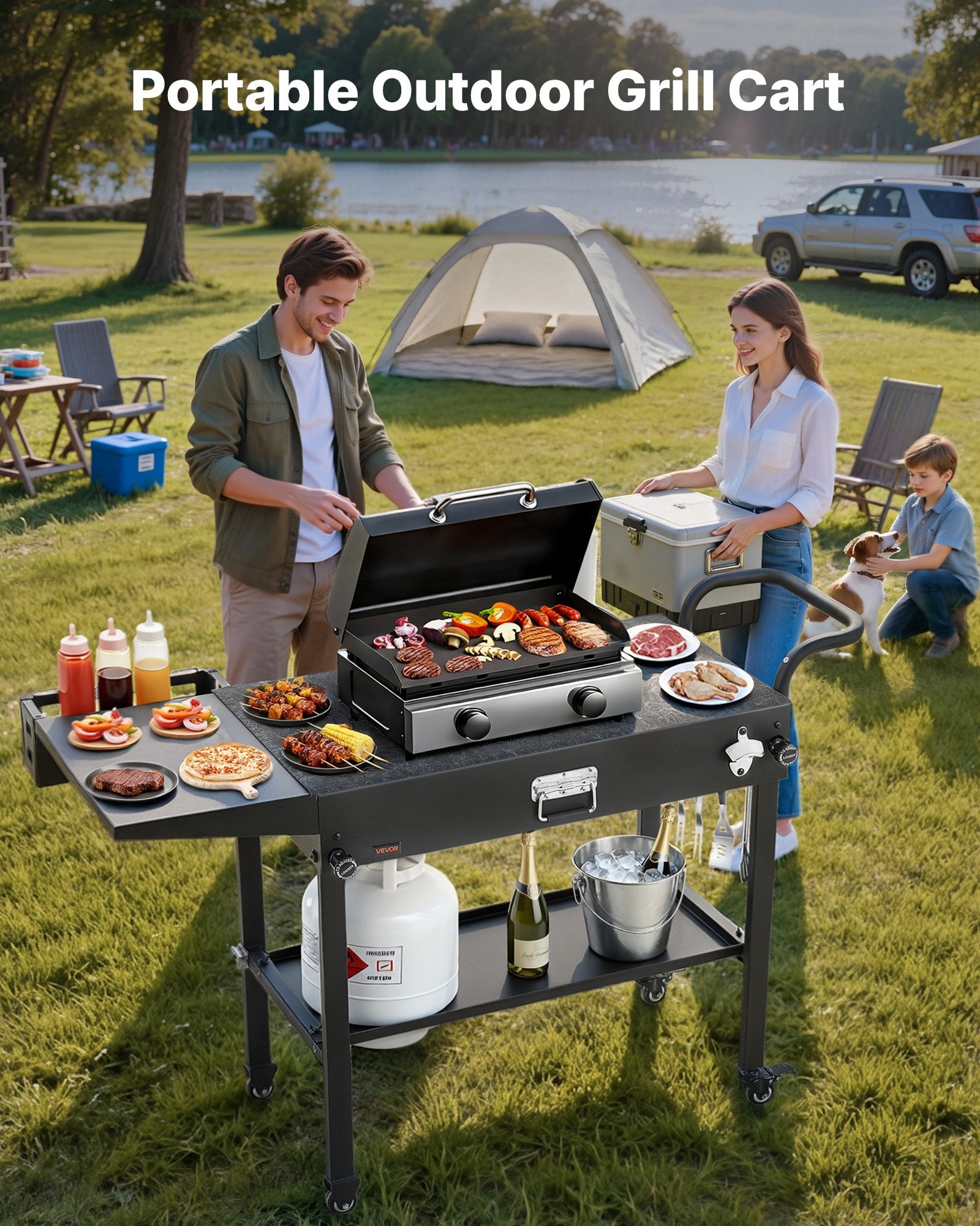 Outdoor Grill Cart, 31.0 X 17.0 Inch Tabletop Size Grilling Table, Foldable Outdoor Cooking Table With Tissue Holder, Hooks, Wheels, Side Table, BBQ Prep Tables For Picnic, Kitchen, Courtyard