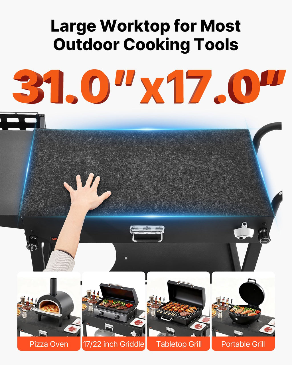 Outdoor Grill Cart, 31.0 X 17.0 Inch Tabletop Size Grilling Table, Foldable Outdoor Cooking Table With Tissue Holder, Hooks, Wheels, Side Table, BBQ Prep Tables For Picnic, Kitchen, Courtyard