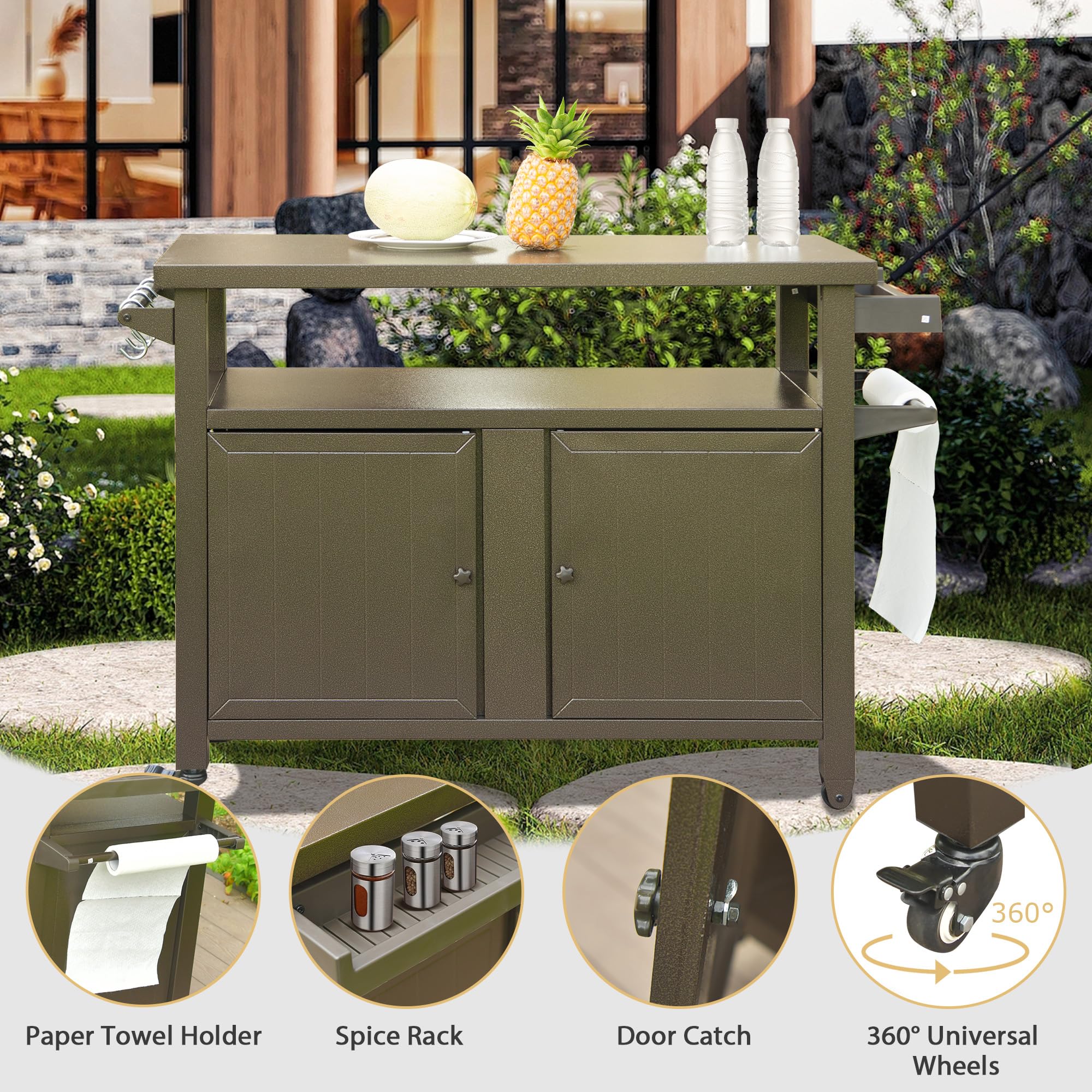 Grill Carts Outdoor Storage Cabinet With Wheels, Metal Outdoor Grill Table Kitchen Dining Table Cooking Prep BBQ Table For Patio, Kitchen Island, Home Party, Bar  Brown